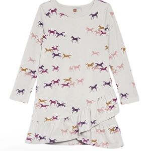 Tea Girls Size 6 Gallop Horses Print Grey Ruffle Hem Dress Long Sleeve